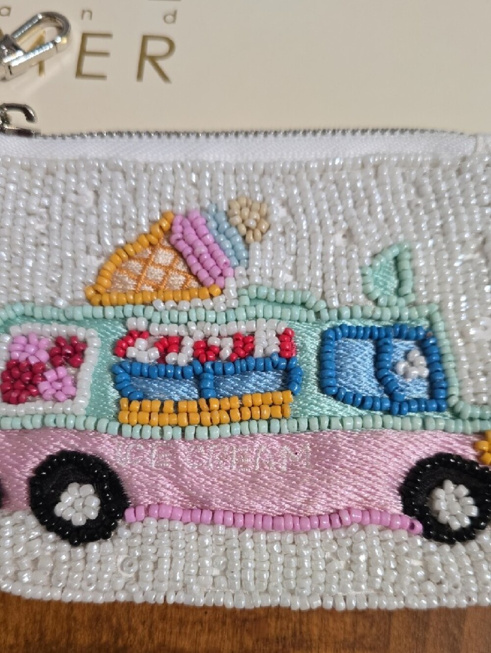 White Beaded Coin Purse with Pink Tassel and Ice Cream Truck Embroidery - Picture 2 of 4